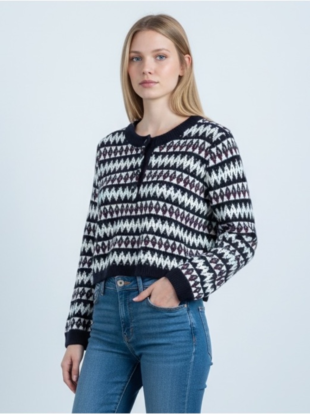 LA LIGNE INew York Fair Isle Merino Wool Henley Sweater in Navy Multi L